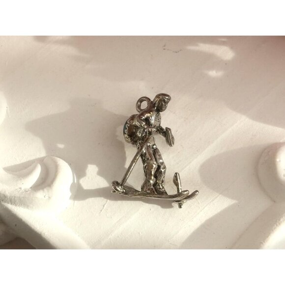 Turquoise Accented Antiqued Sterling Silver Skiier Vintage Pendant | Charm - Picture 2 of 14